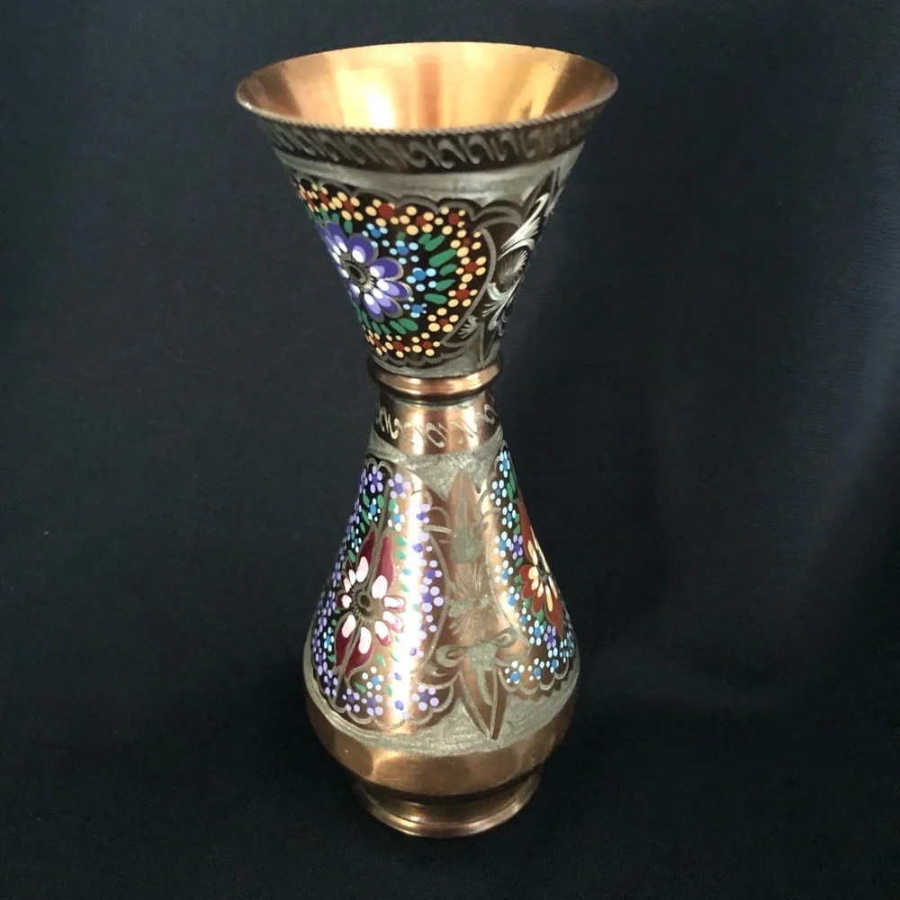 Vintage Hand Painted & Etched Copper Vase with Floral Designs